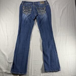 Maurices Womens Bootcut Jeans Blue Heavy Embroidered Pocket Y2K Distress Sz 7/8